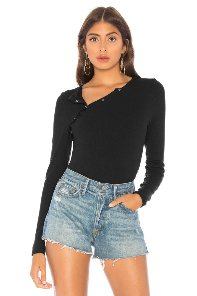 Black Asymmetric Snap Button Ribbed Knit Bodysuit