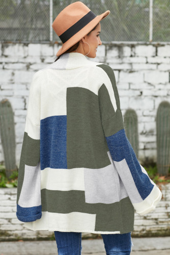 Green Blue Multi Colorblock Open Front Cardigan