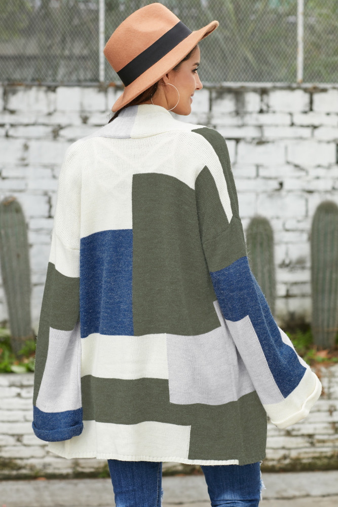 Green Blue Multi Colorblock Open Front Cardigan