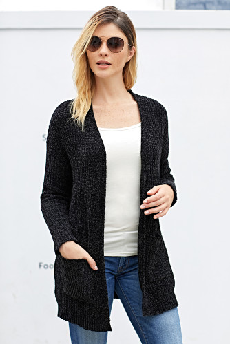 Black Long Sleeved Sweater Cardigan with Pockets