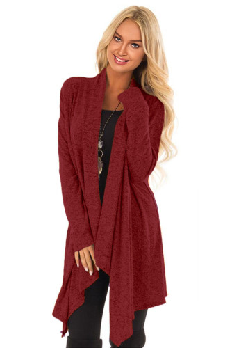 Burgundy Draped Open Front Asymmetrical Cardigan