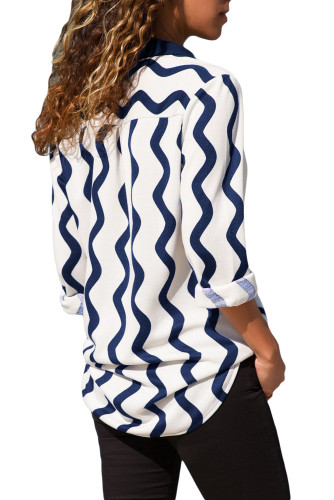 Navy White Wavy Stripes Button Down Blouse