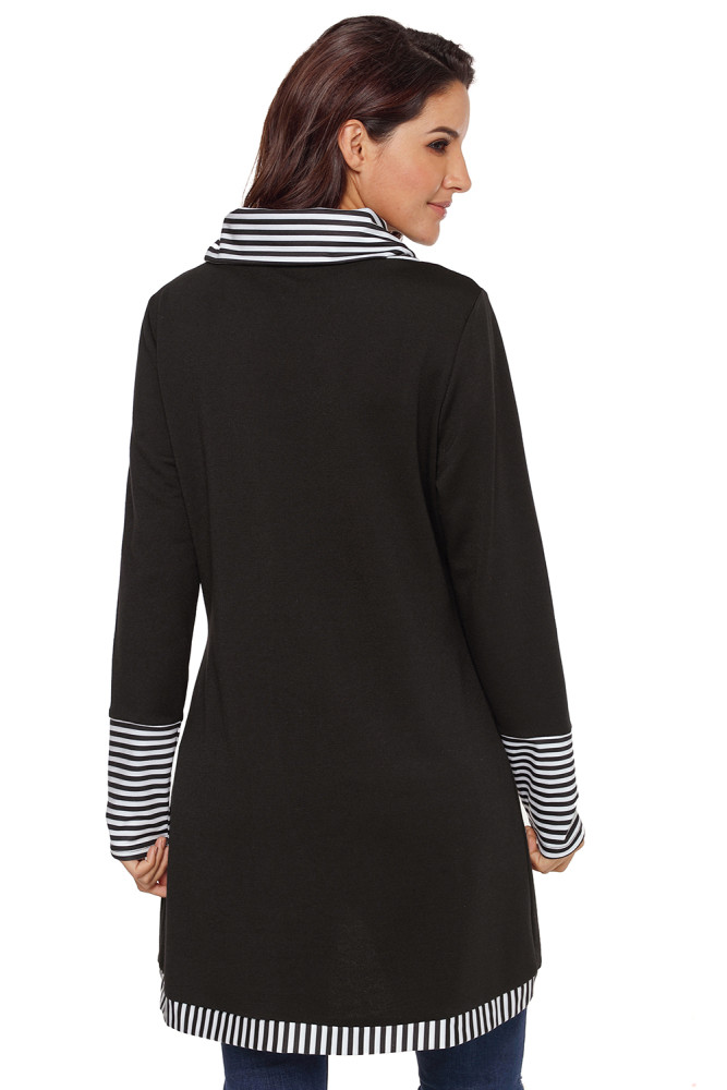 Black Asymmetric Striped Cowl Neck Top