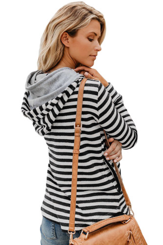Black White Striped Button Detail Hoodie