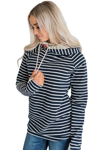 Floral&Dot Double Hooded Navy Striped Sweatshirt