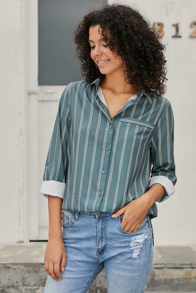 Olive Green Striped Button Detail Shirt for Women