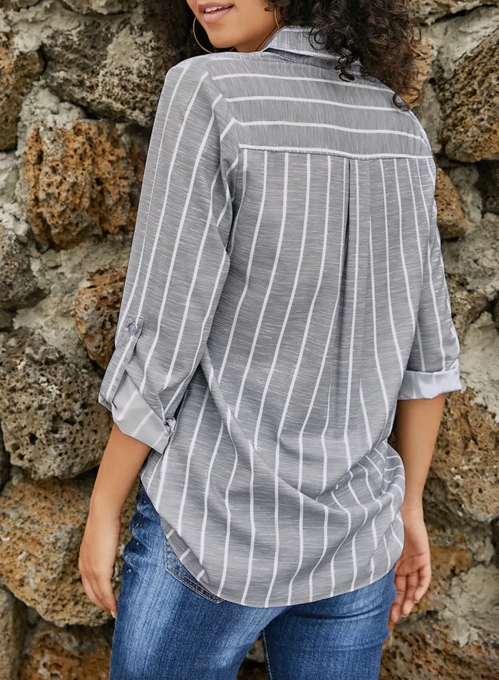 Gray Striped Roll Tab Sleeve Button Shirt
