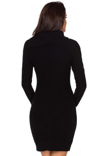 Asymmetric Buttoned Collar Black Bodycon Sweater Dress