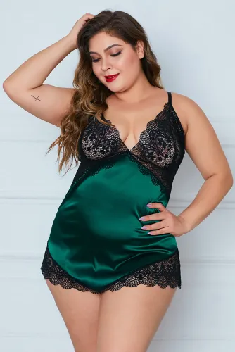 Green Lace Cups Silky Satin Plus Size Chemise