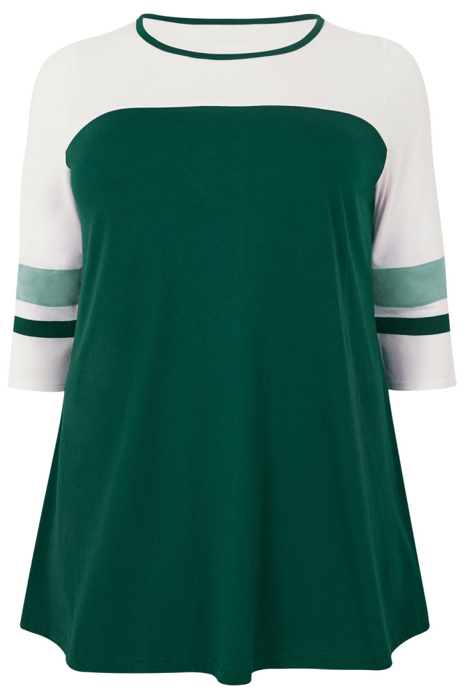 Green White Color Block Quarter Sleeved Plus Size Top