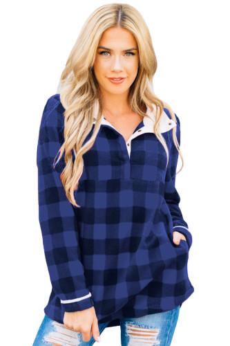 Royal Blue Plaid Fleece Pullover Sweatshirt