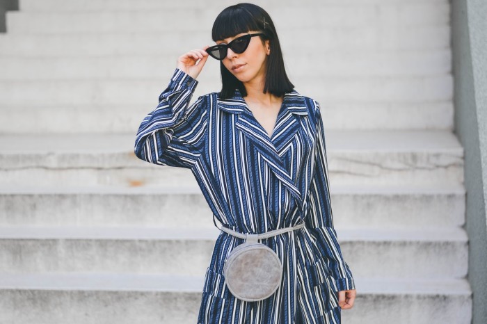 Navy White Multi Striped Shirt Dress with Tie