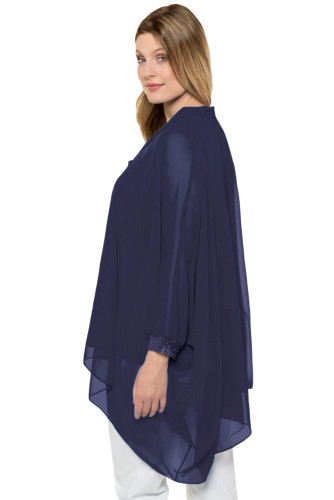 Navy Long Sleeve Chiffon Overlay Plus Size Blouse