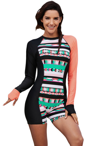 Asymmetric Long Sleeve Print Accent One-piece Rashguard