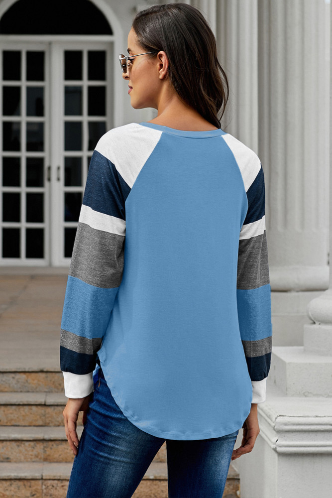 Color Block Long Sleeves Blue Pullover Top
