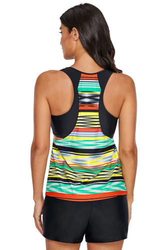Tie Dye Striped Overlay Racerback Tankini Top