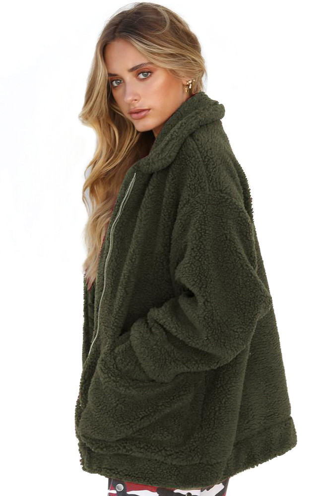 Green Lamb Wool Zipped Chunky Coat