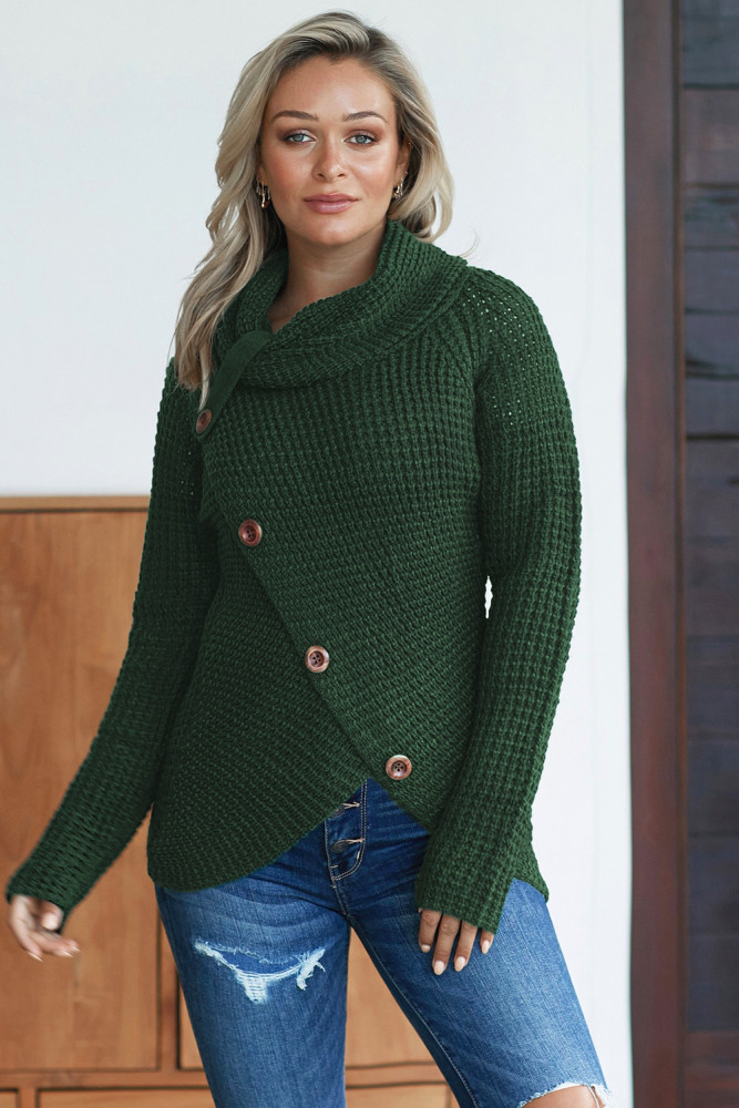 Olive Green Buttoned Wrap Turtleneck Sweater