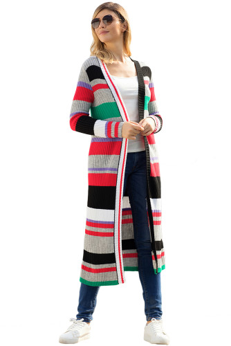 Colorful Striped Open Front Long Cardigan