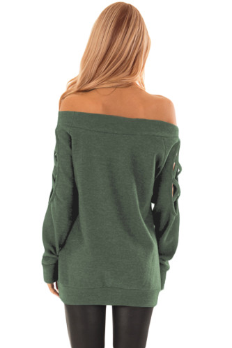 Green Crisscross Cutout Long Sleeve Off Shoulder Top