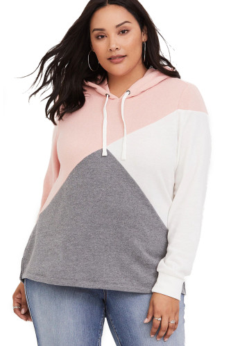 Pink Hooded Tricolor Blocked Plus Size Top
