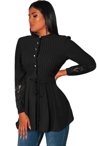 Crinkle Chest Black Lace Panel Peplum Blouse