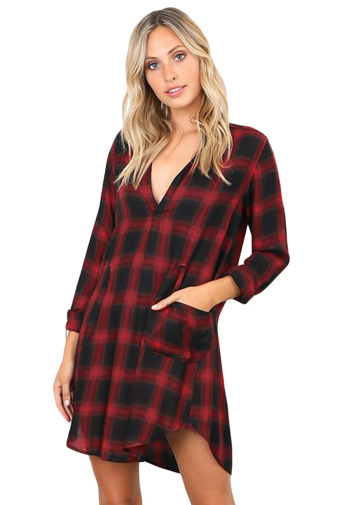 Red Black Plaid Pocket Style Shirt Dress