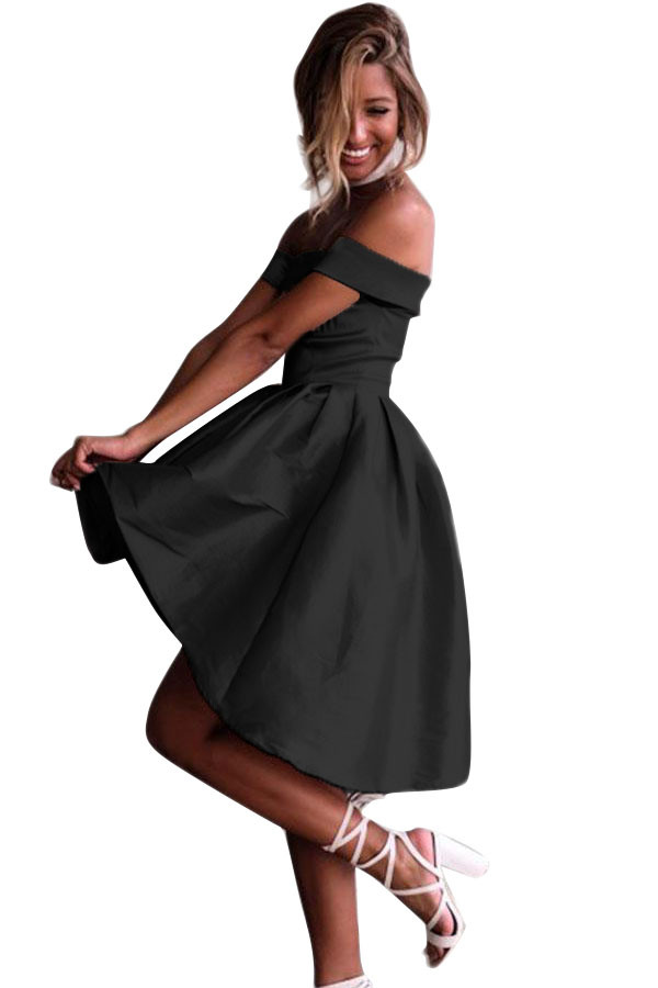 Black Off Shoulder Pleated Satin Homecoming Dress