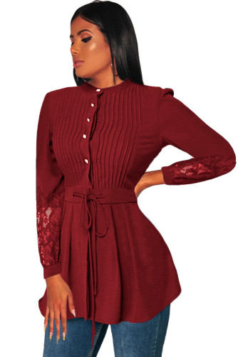 Crinkle Chest Red Lace Panel Peplum Blouse