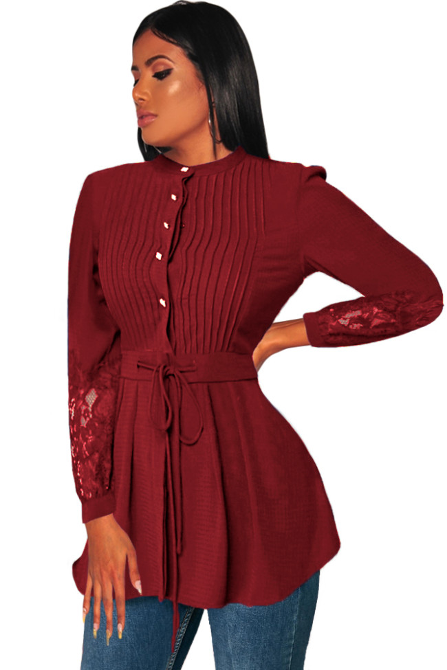 Crinkle Chest Red Lace Panel Peplum Blouse