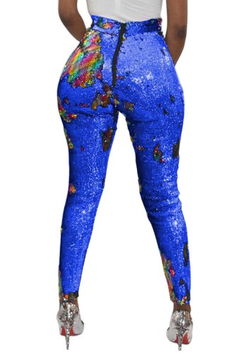 Blue High Waist Retro Sequin Leggings