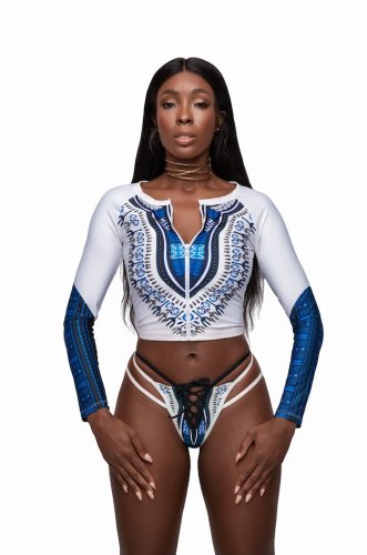 Blue African Print Zipped Tankini and Strappy Lace Up Swimsuit