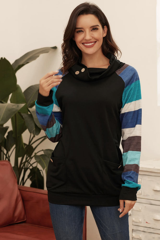 Multicolor Striped Raglan Sleeve Black Cowl Neck Sweatshirt