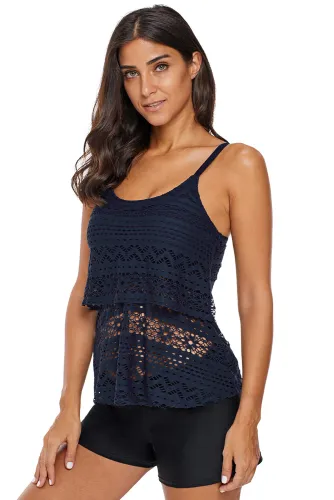 Navy Crochet Lace Layered Tankini Swim Top