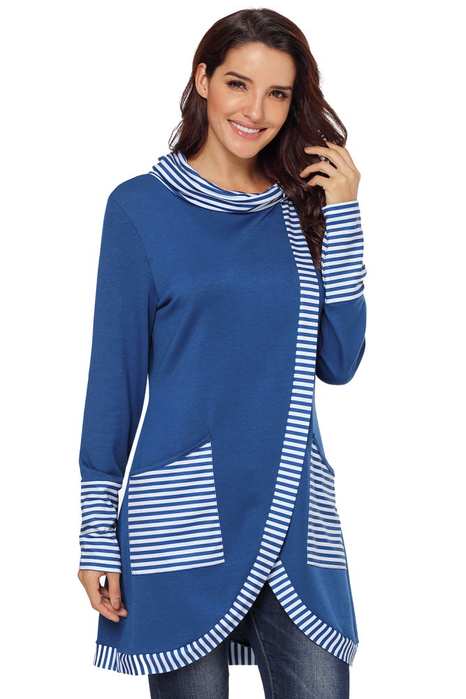 Navy Asymmetric Striped Cowl Neck Top