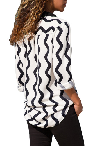 Black White Wavy Stripes Button Down Blouse