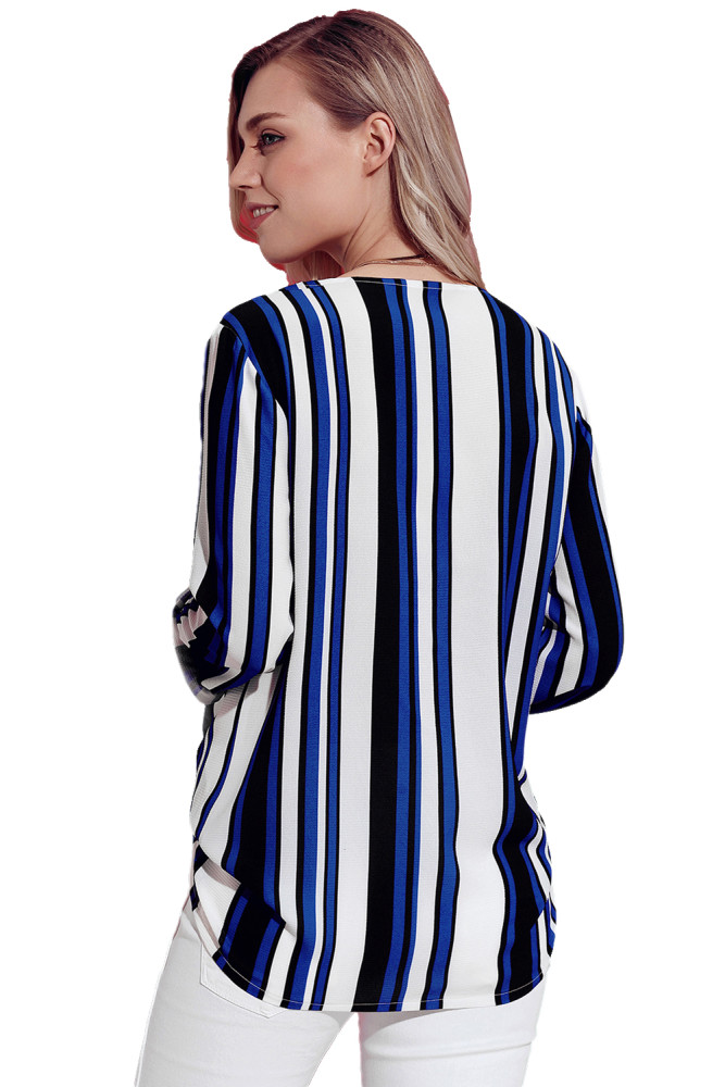 Blue White Black Striped Asymmetric Button Down Shirt