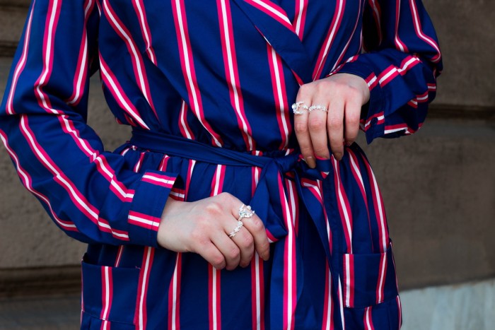 Navy Blue Multi Striped Shirt Dress with Tie