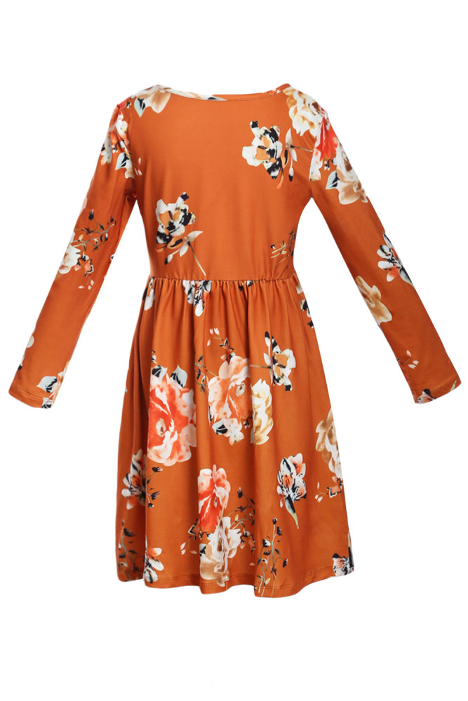 Floral Orange Swing Dress with Hidden Pockets