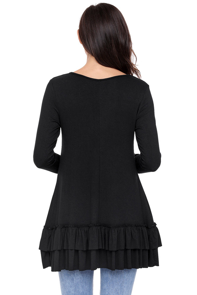 Black Double Ruffle Hem Long Sleeve Tunic Tops
