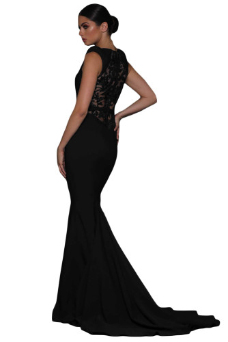 Black Floral Embroidery Fishtail Evening Dress