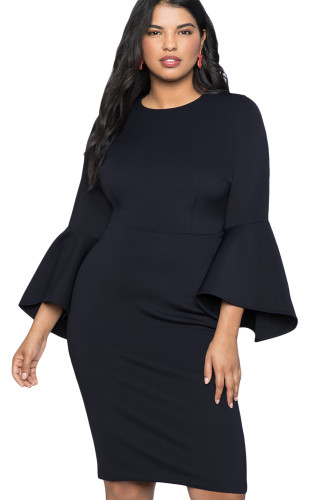 Navy Plus Size Flare Sleeve Dress