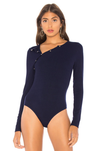 Blue Asymmetric Snap Button Ribbed Knit Bodysuit