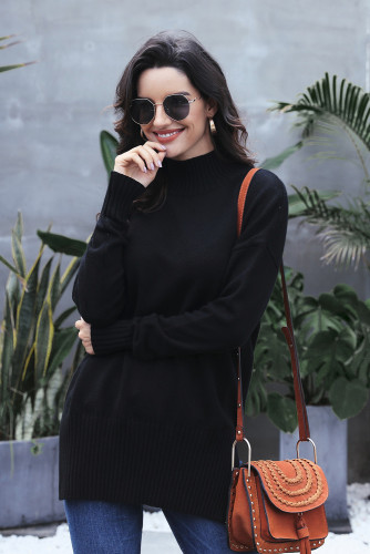 Black Turn-up Sleeve Turtle Neck Sweater