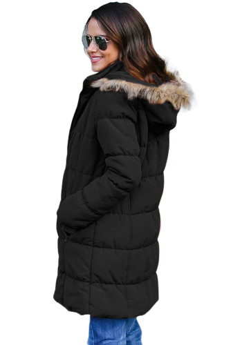 Black Fur Trim Hooded Long Quilted Coat