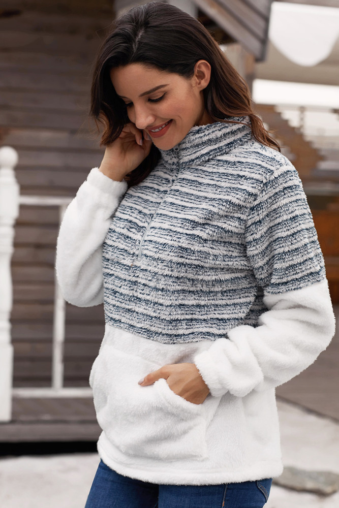 Navy Fuzzy Striped Furry Sweatshirt