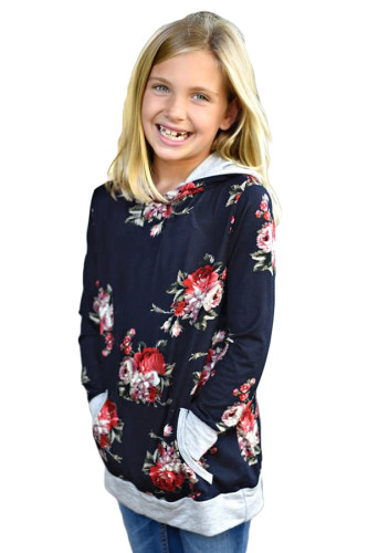 Navy Floral Hooded Girl's Sweatshirt