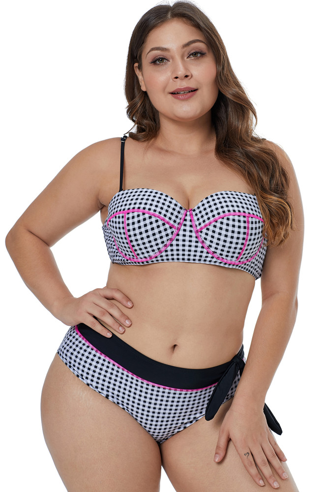 Contrast Piping Tartan Printed Pattern Plus Size Bikini