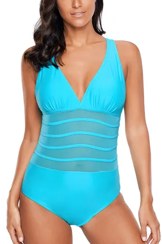 Blue Mesh Cutout Strappy One Piece Swimsuit