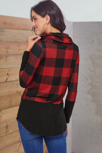 Red Black Plaid Cowl Neck Sweatshirt